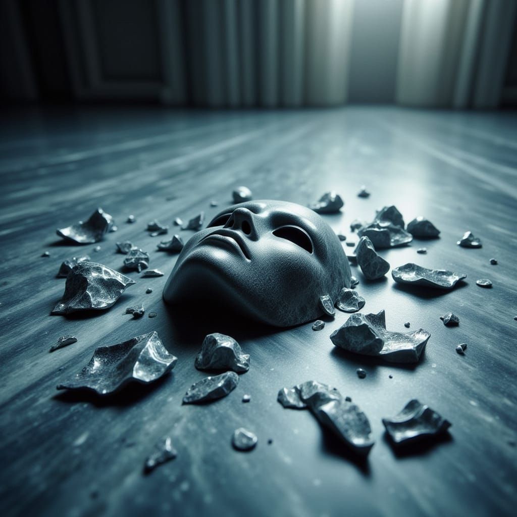 Harlequin Mask Shattered on Polished Marble Floor