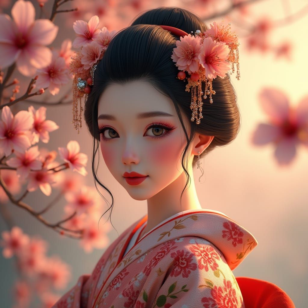 Exquisite Geisha in Blossoming Sakura Paradise