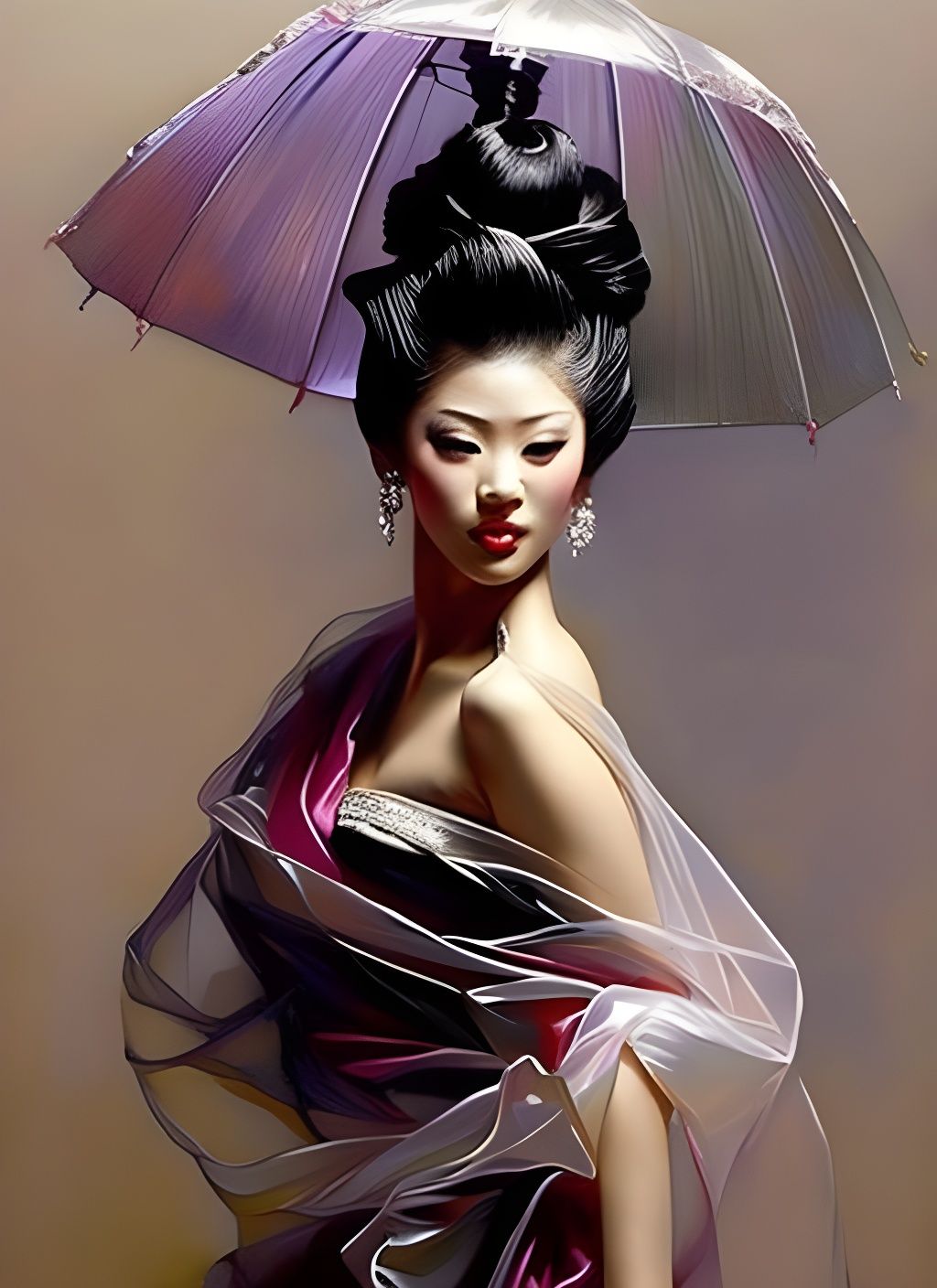 Ethereal Geisha in Intricate Oil Painting