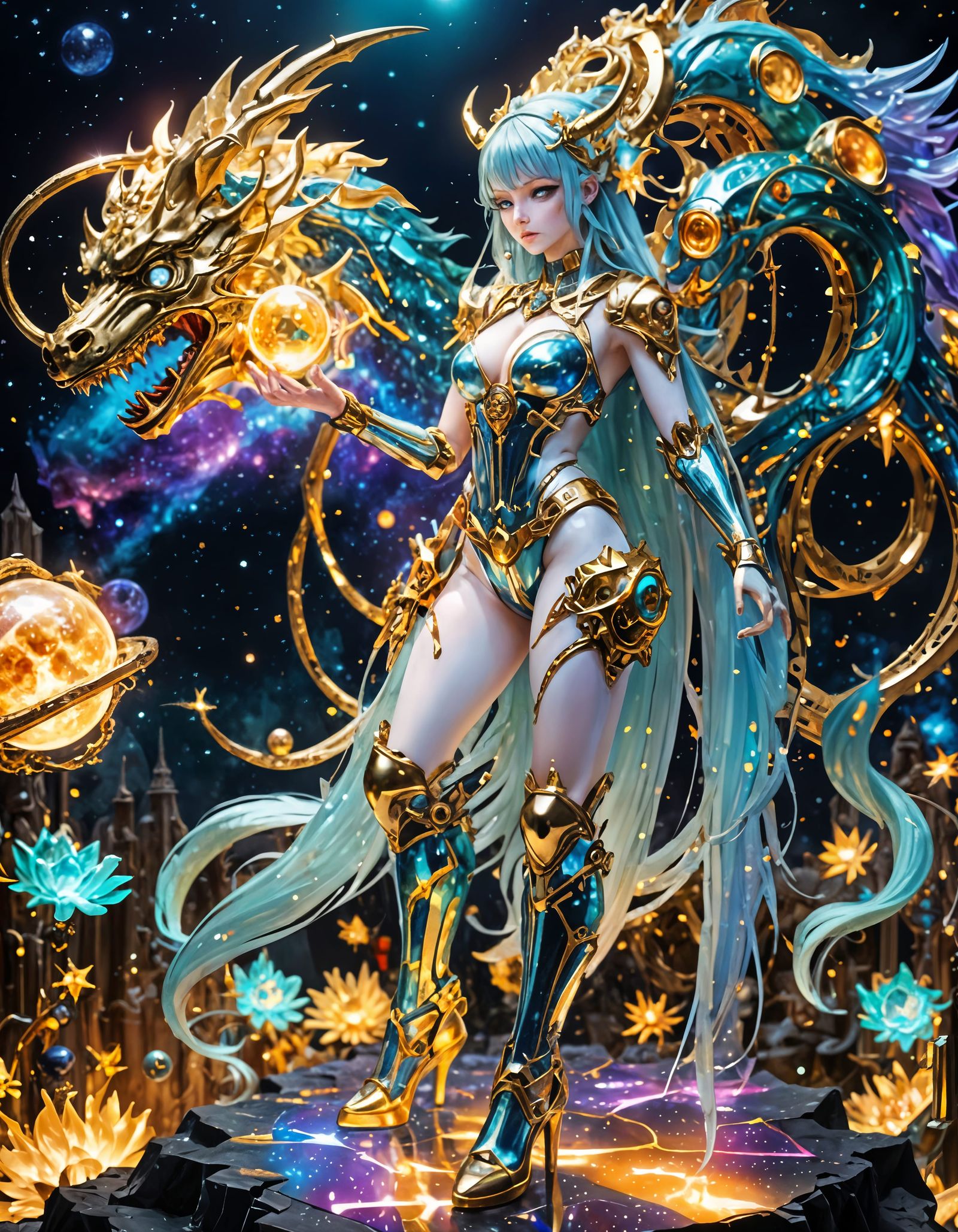 Cyberpunk Dragon Girl with Metal Skeleton and Rainbow Slime....