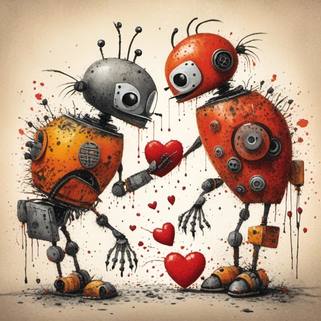 Whimsical Robots Build a Heart in a Storybook Style