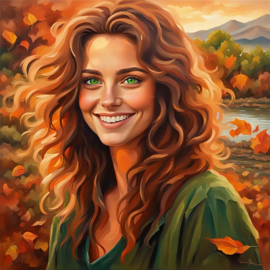 Elegant Woman in Autumn Sunset Oil Painting