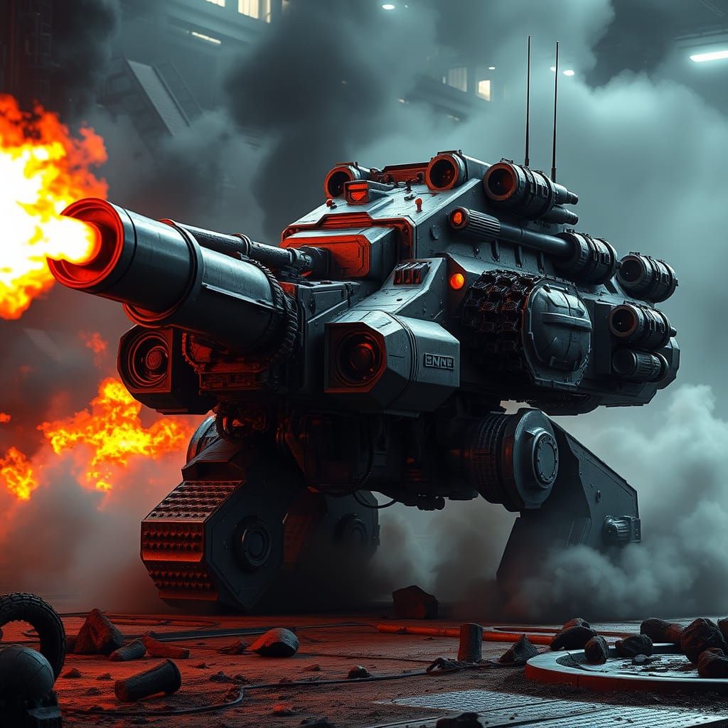 Dieselpunk Armored Tank Fires Cannon in Industrial Wasteland