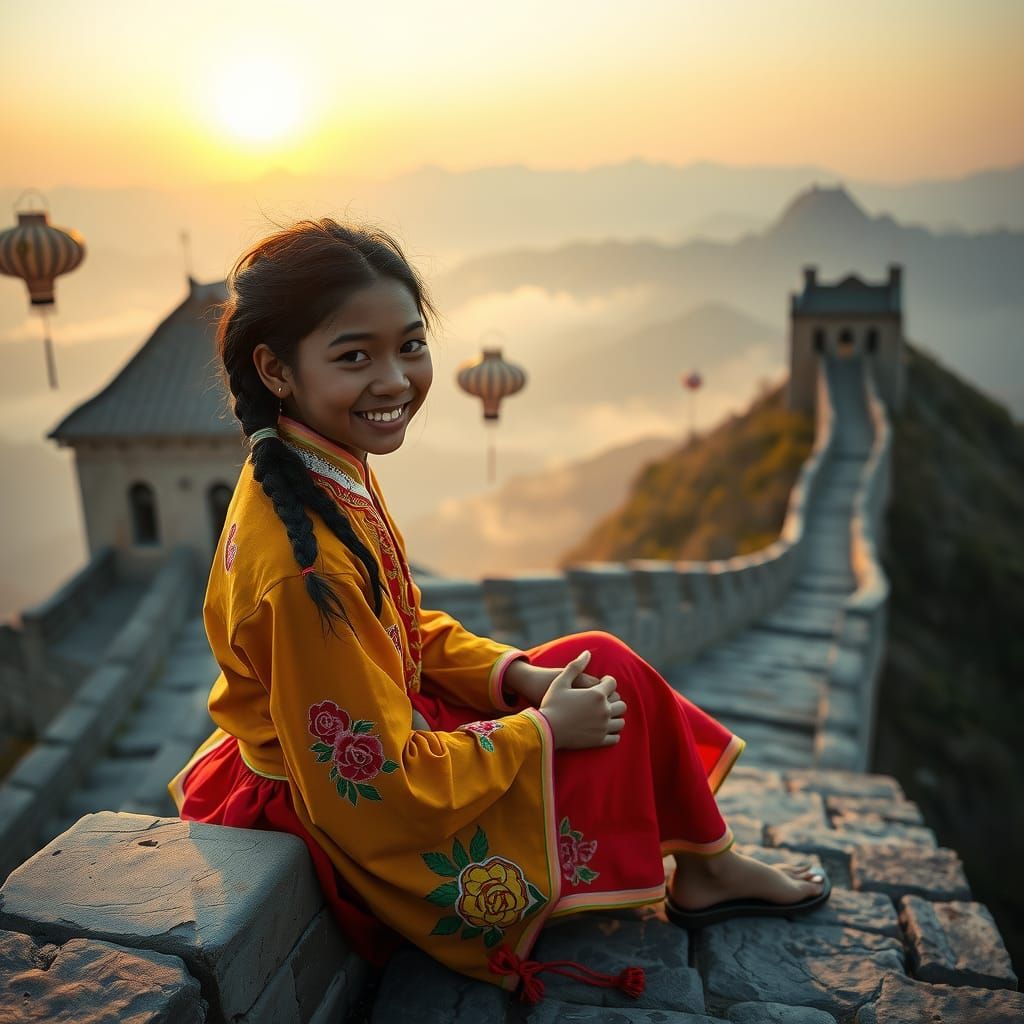 Chinese-African Girl on the Majestic Great Wall of China