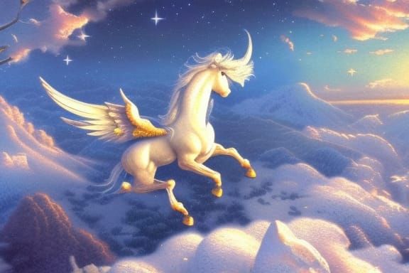 Snow-White Pegasus Soaring Under Starry Sky