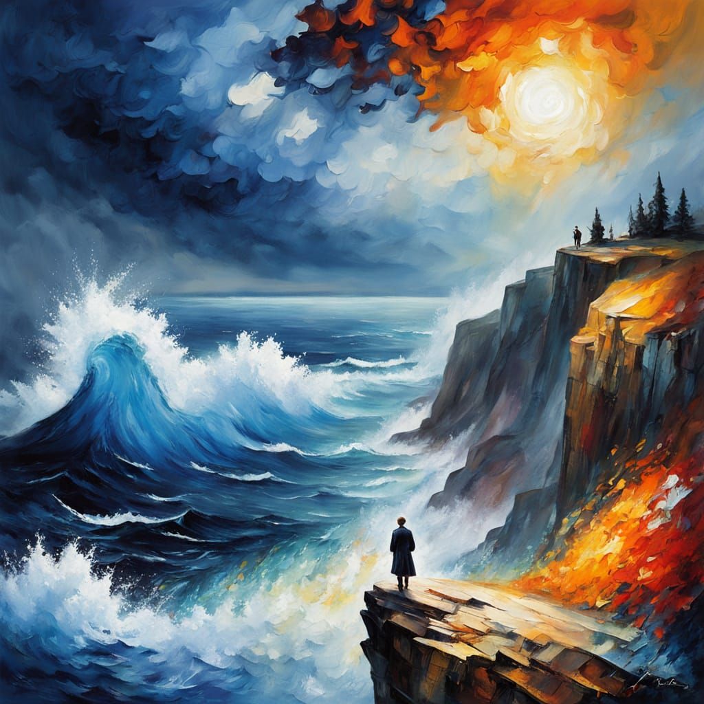 Lone Figure on Cliff Edge in Tenebrism Style