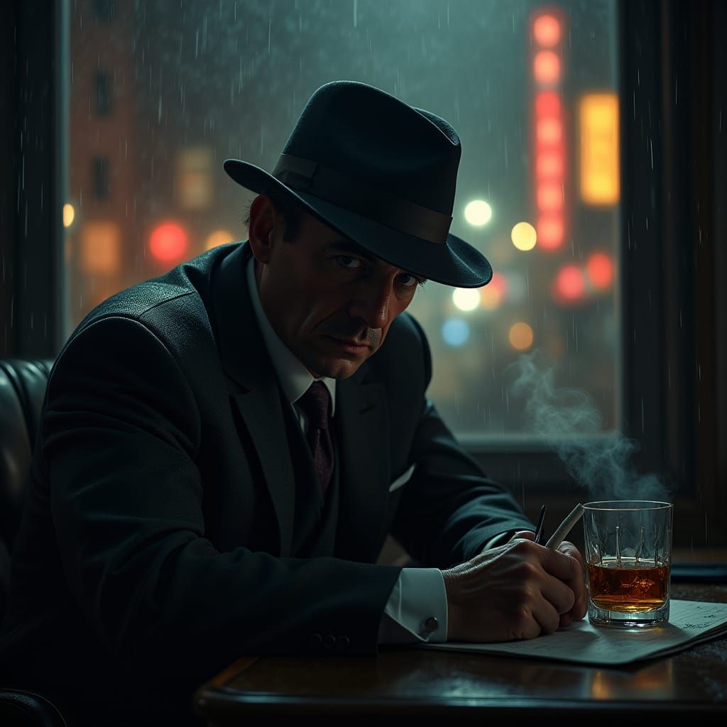 Film Noir Investigator in Rain-Soaked City