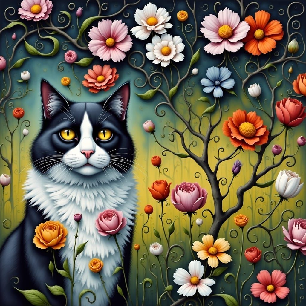 Ethereal Cat Basks in Gothic Floral Tapestry