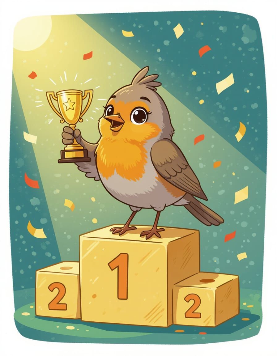 Cartoon Robin Victorious with Golden Trophy