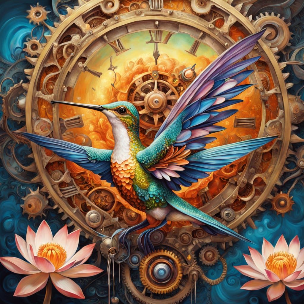 Surreal Clockwork Hummingbird Amidst Vibrant Lotus Blooms