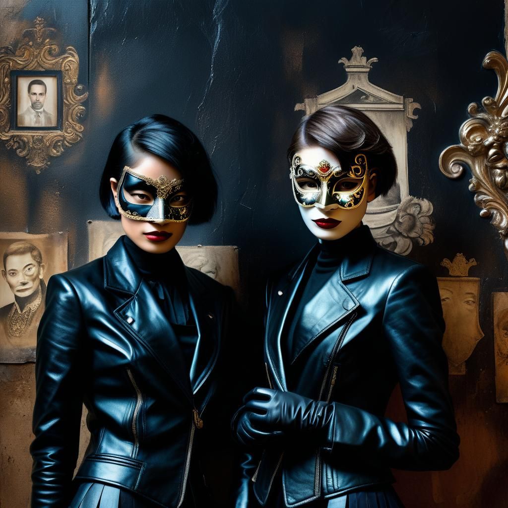 Sensual Women in Leather Jackets and Masquerade Masks, Dark....
