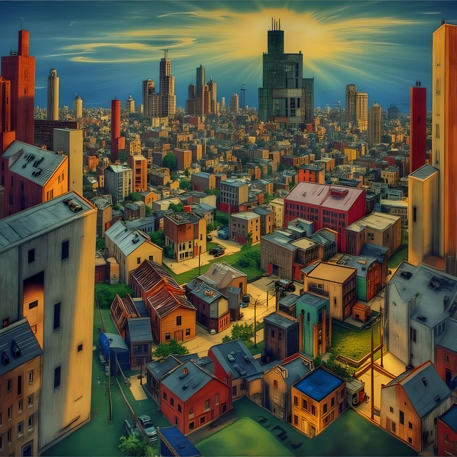 Futurist Cityscape at Dusk in Abstract Style