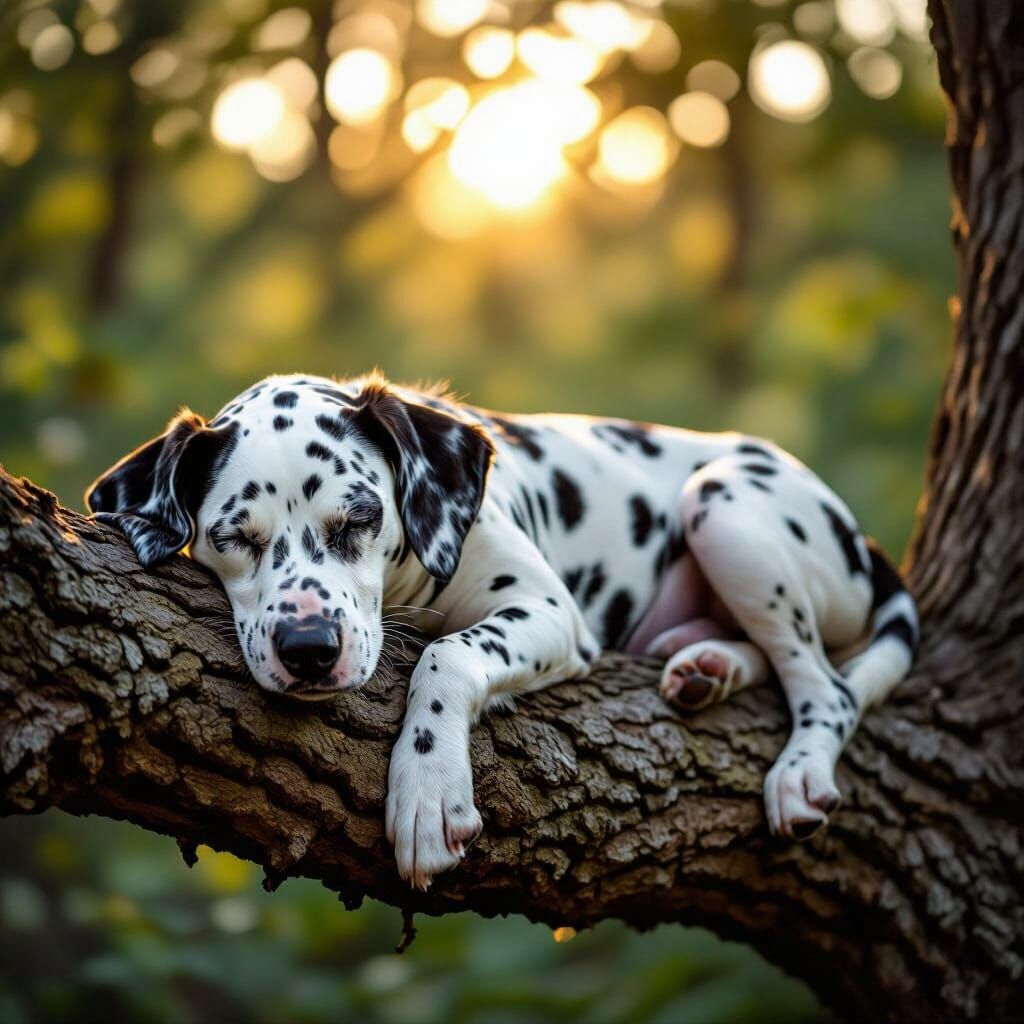Dalmatian Napping on Tree Branch in Golden Hour Light
