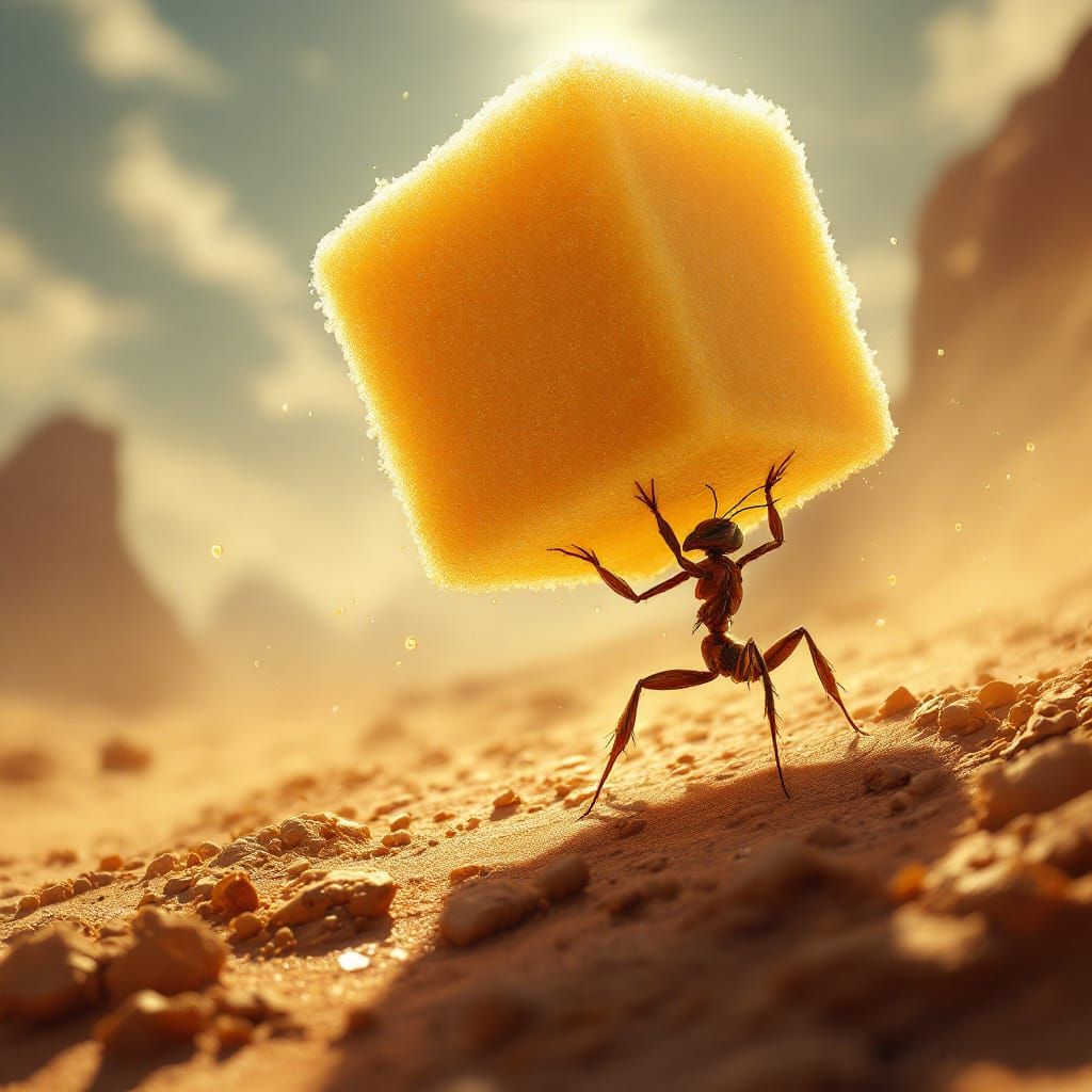 Ant Struggles With Giant Sugar Cube in Desert