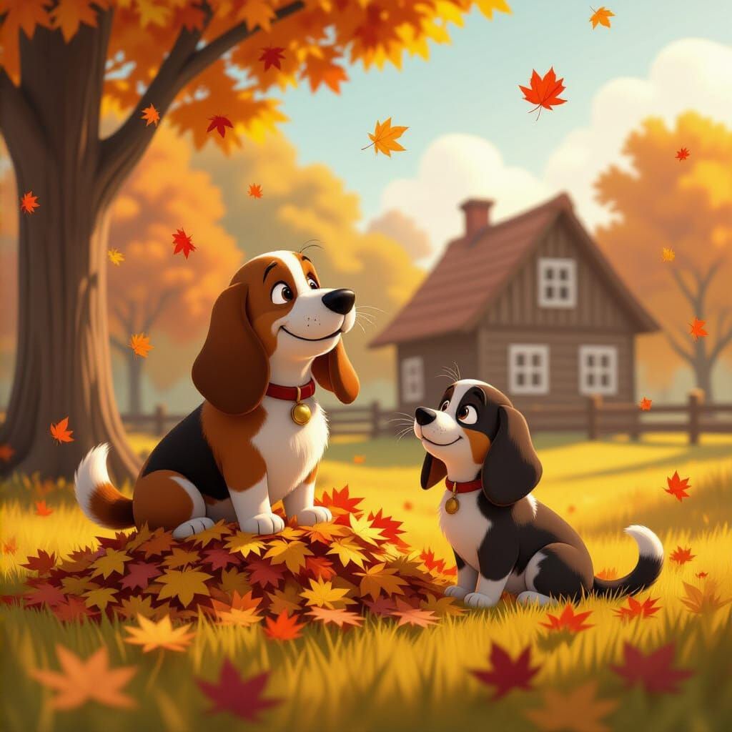 Basset Hound and Cat Play in Autumn Leaves