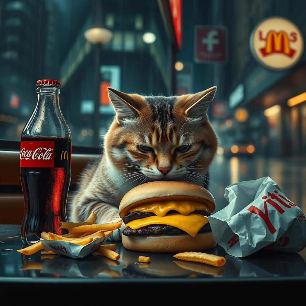 Hyper-Realistic Cat Savoring City Street Diner Fare