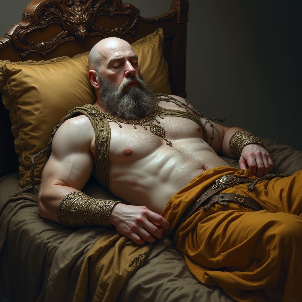 Sleeping Man on Ornate Bed in Detailed Matte Painting