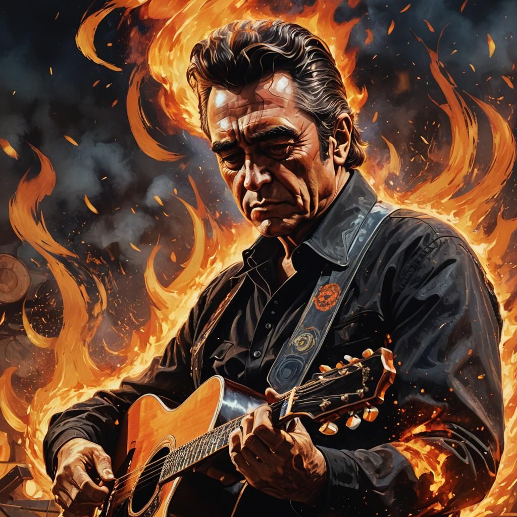 Guitar-Slinging Johnny Cash Amidst a Fiery Inferno