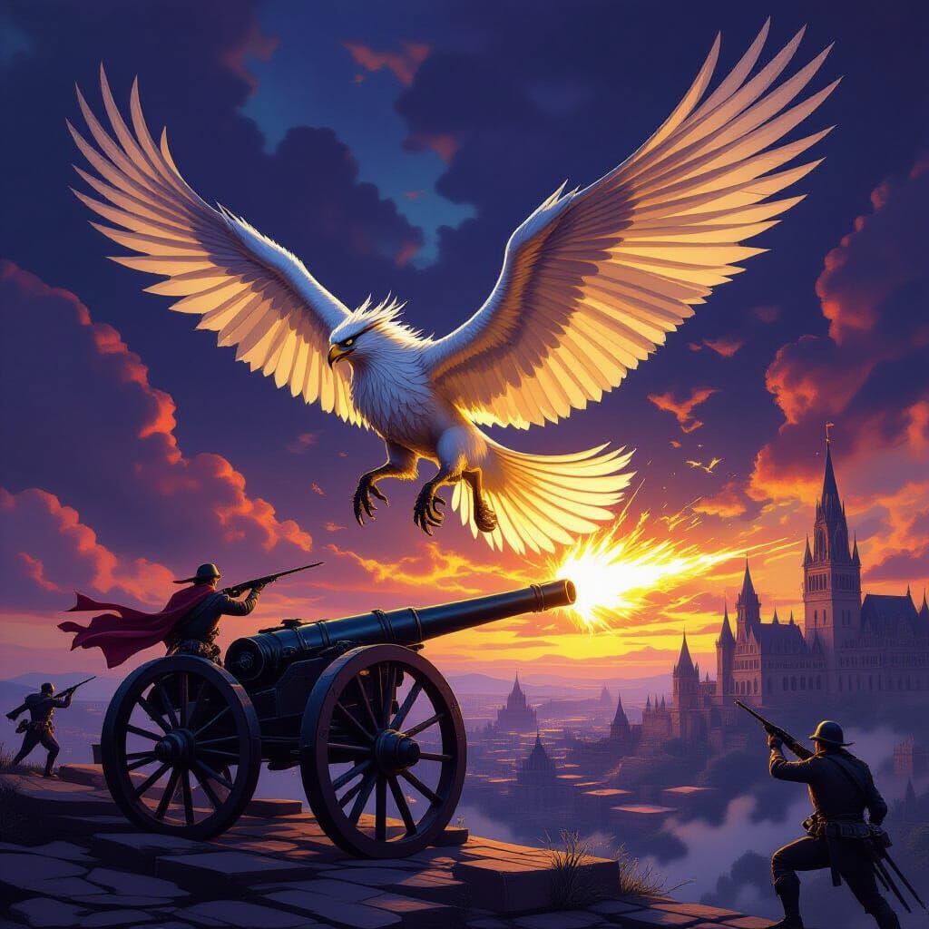 Gryphon Soaring Over Battlefield, Fantasy Art