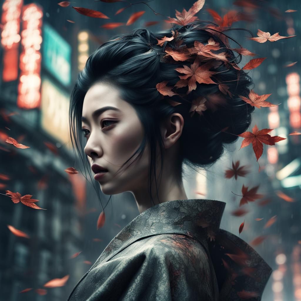Surreal Cyborg Geisha in a Haunting Digital Landscape