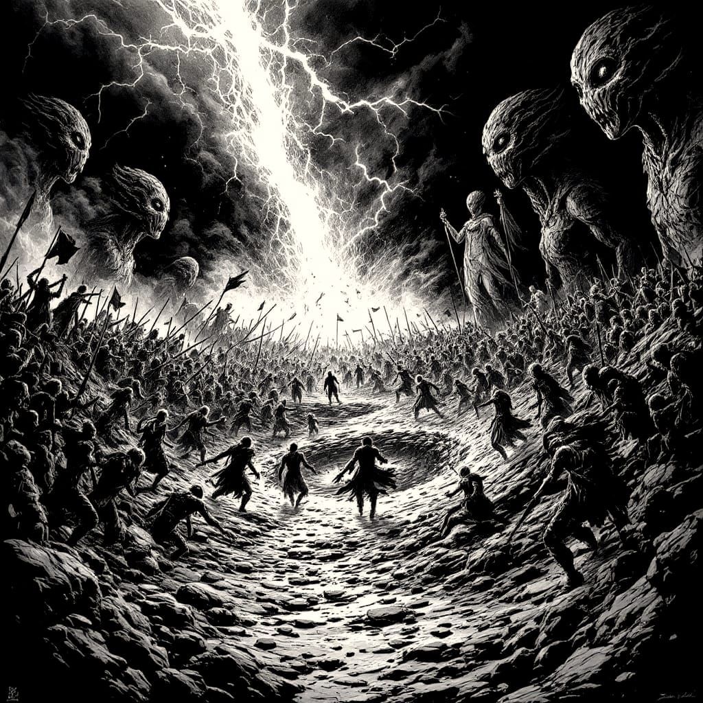 Eternal Dark-Fantasy Battlefield in Ink Art Style