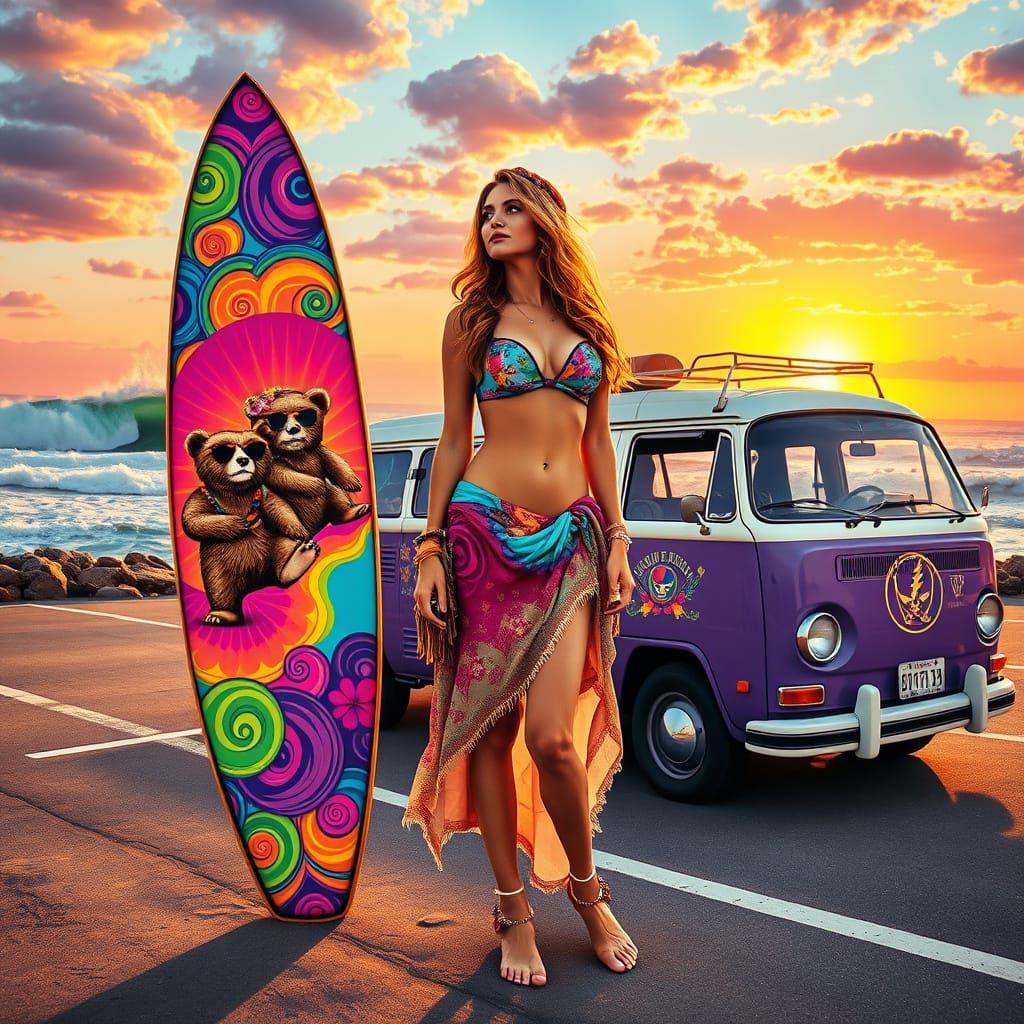 Vibrant Bohemian Woman Surfs Psychedelic Waves