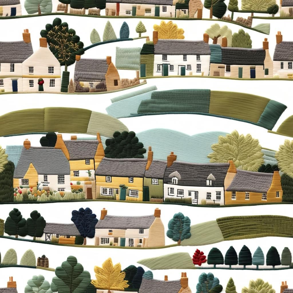 An English Village in Impressionist Embroidery Style