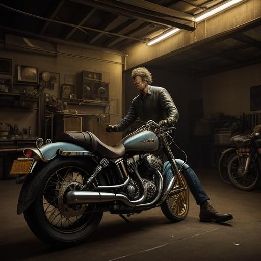 --sref 02021992 а man repairing a motorcycle