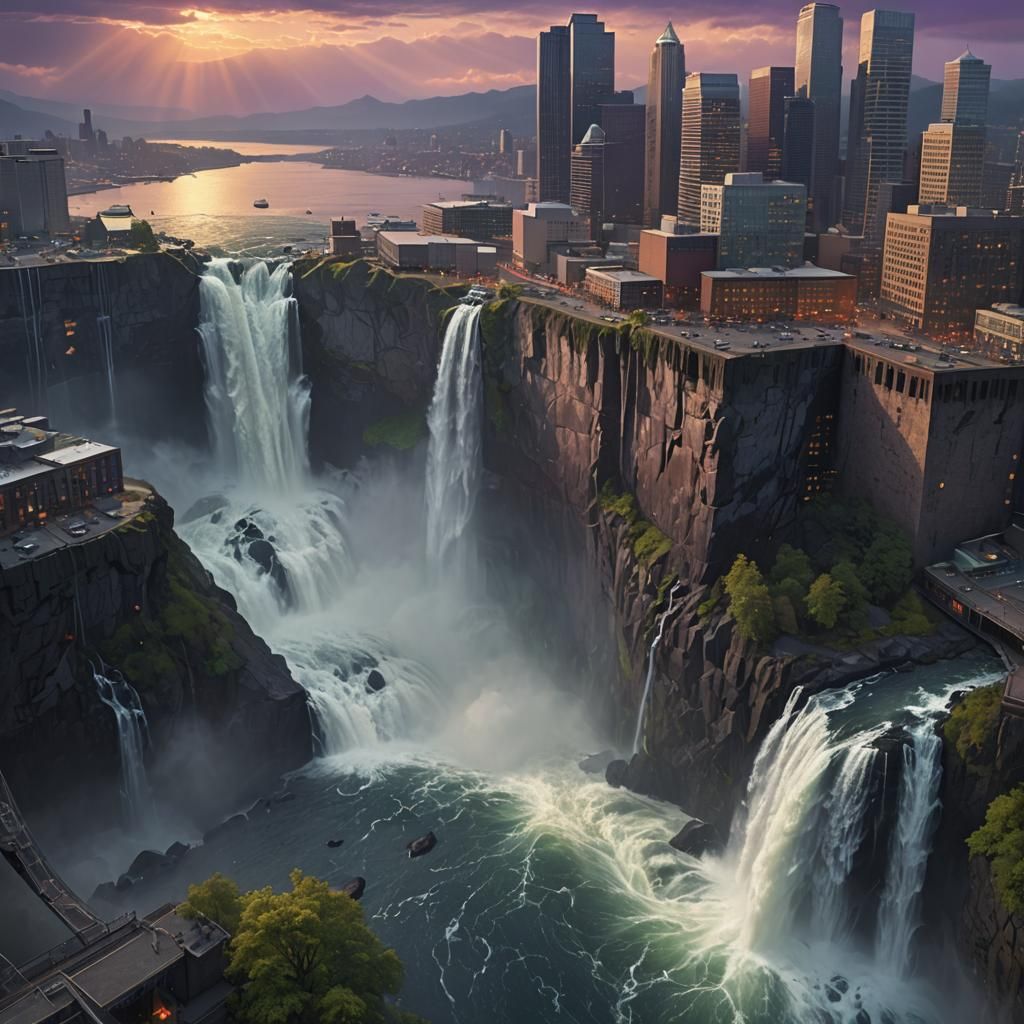 Majestic Seattle Waterfall at Sunset in the Style of Hudson....