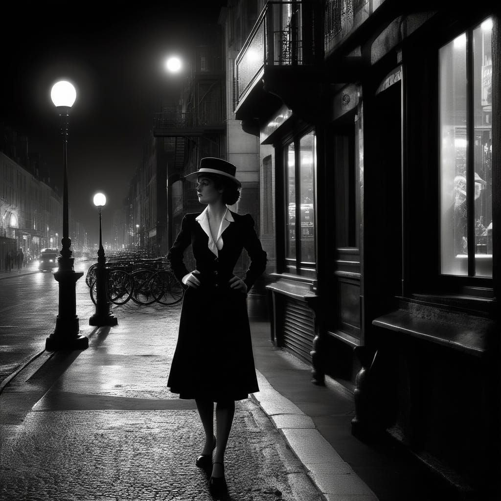 Black and White Woman on Sidewalk, Film Noir Style