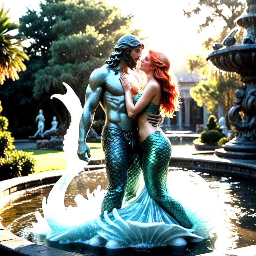 Ethereal Mermaid and Merman Ice Sculpture in Neon-Lit Founta...