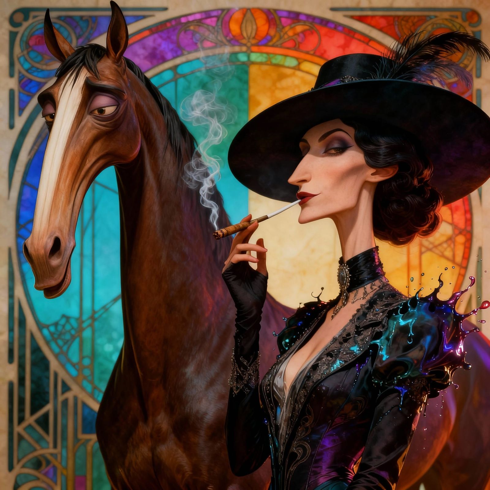 Elegant Woman and Horse in Art Nouveau Fantasy Style