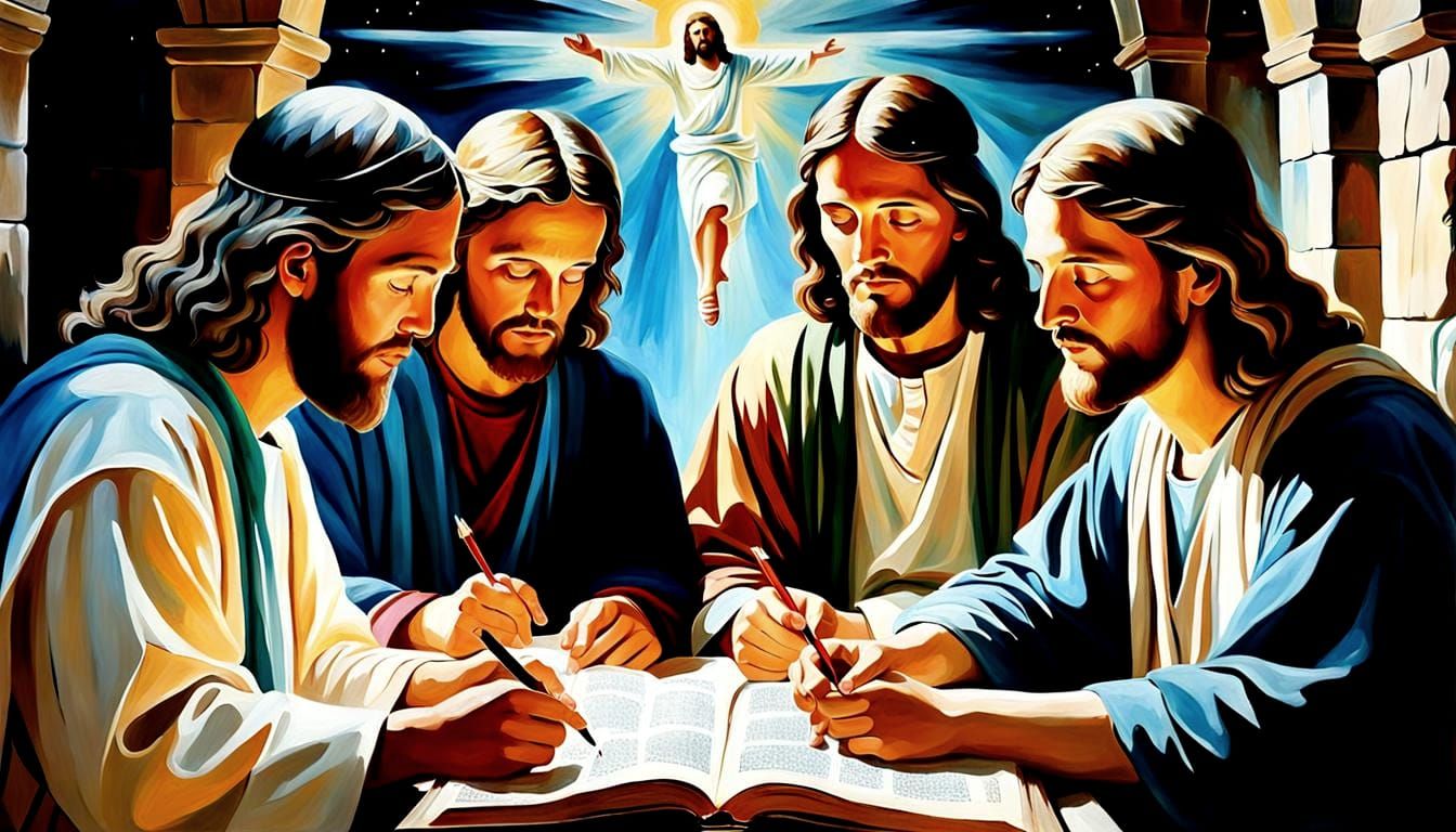 Jesus Christ Guides Four Evangelists in a Double Exposure Oi...