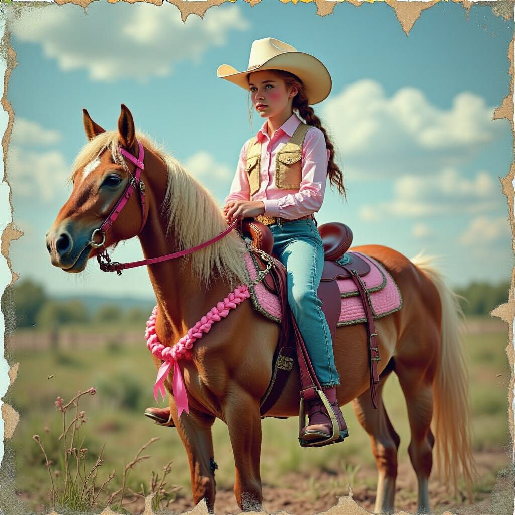 Cowgirl on Pony with Pink Ribbons, Hyperrealistic Art