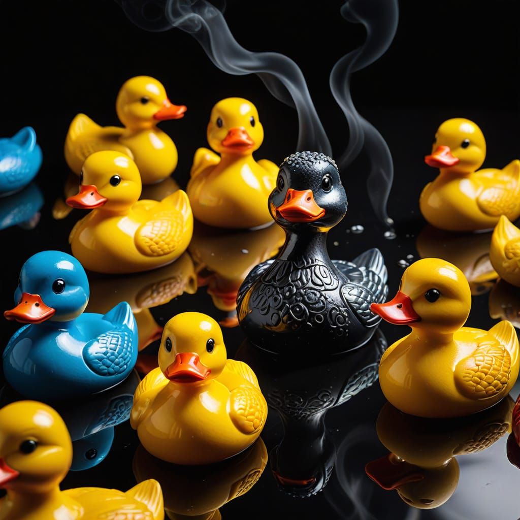 Rubber Ducks in Luxurious Attire, Smoking Cigars in High-Con...