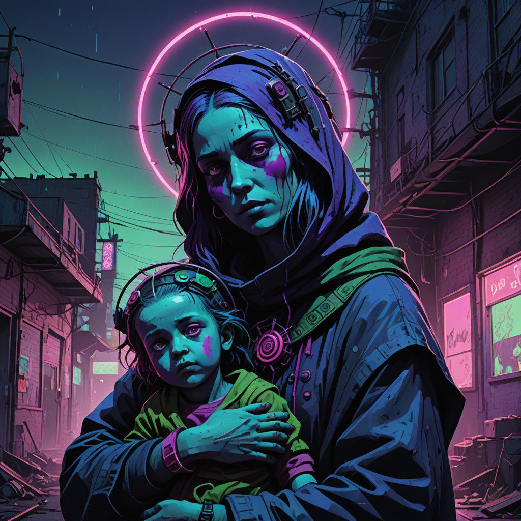 Cybergoth Nativity Scene in Neon Hues and Dark Shading