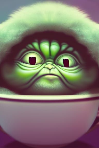 A Round, Fluffy Baby Yoda Slumbers in a Teacup
