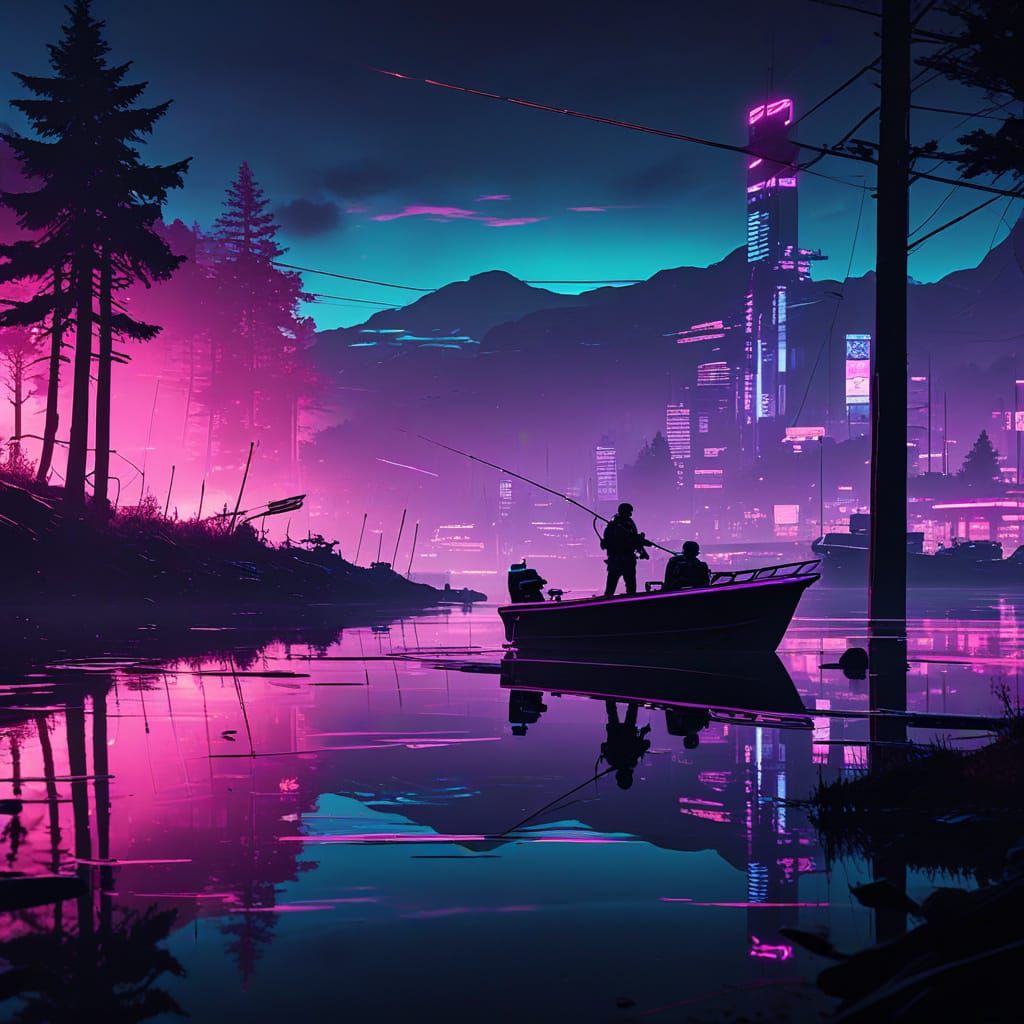 Cyberpunk Fishing at Antorno Lake with Neon Reflections