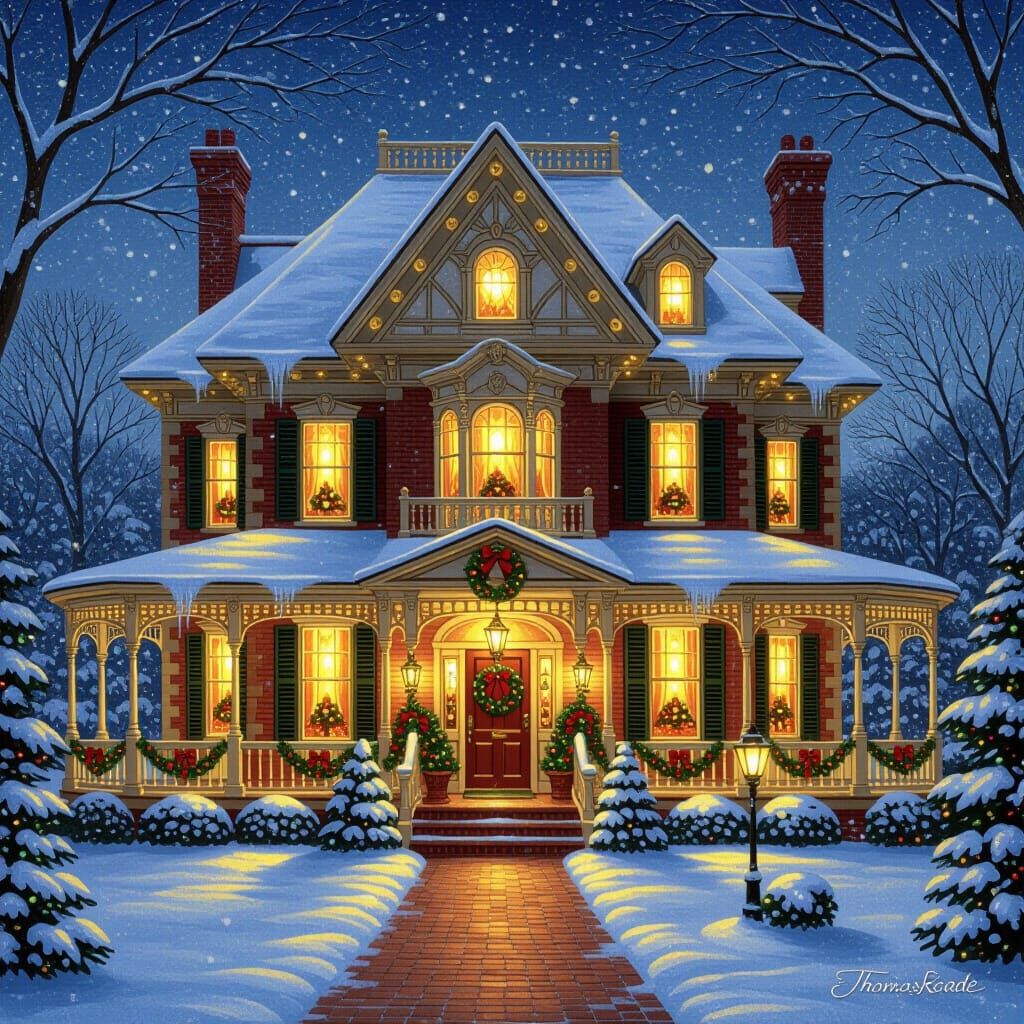 Victorian Mansion on Christmas Night in Painterly Style