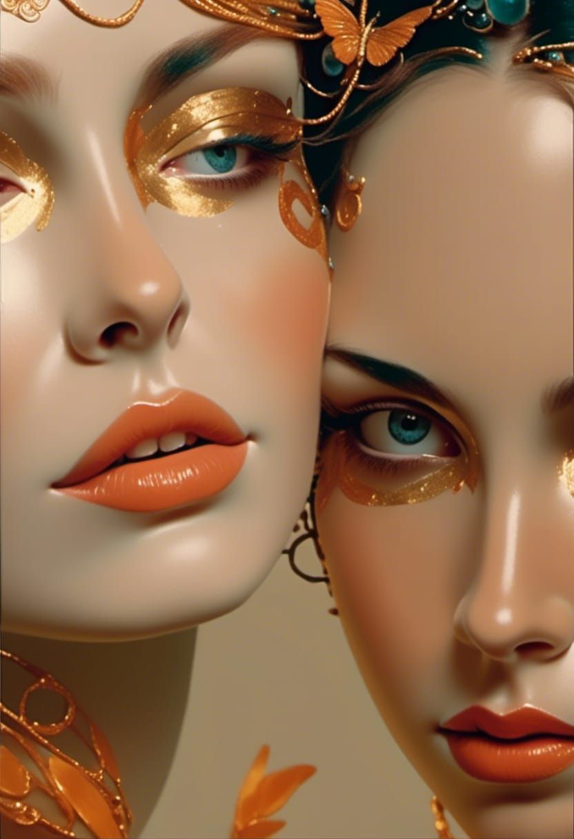 Majestic Greek Goddesses in Light Gold and Orange with Swirl...