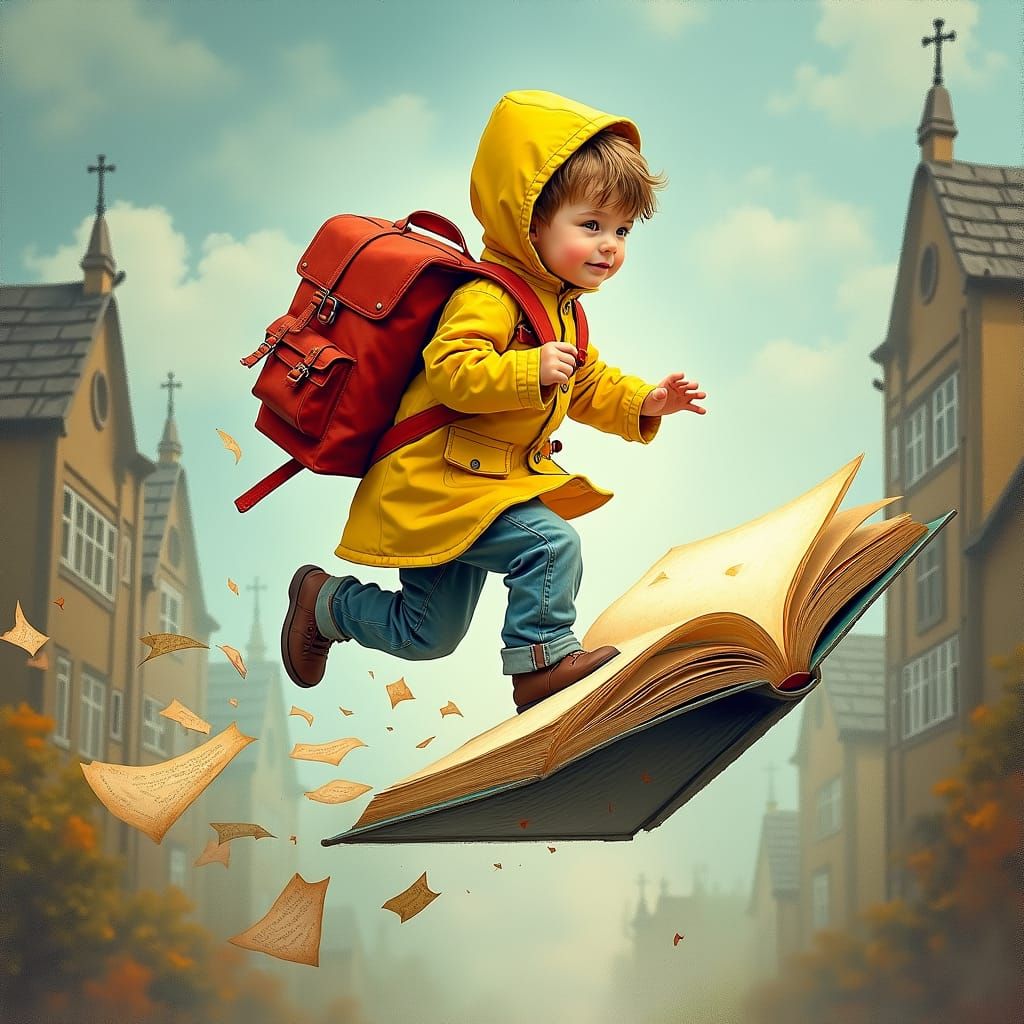 Child Soars Through Air on Magical Book to School in Vibrant...