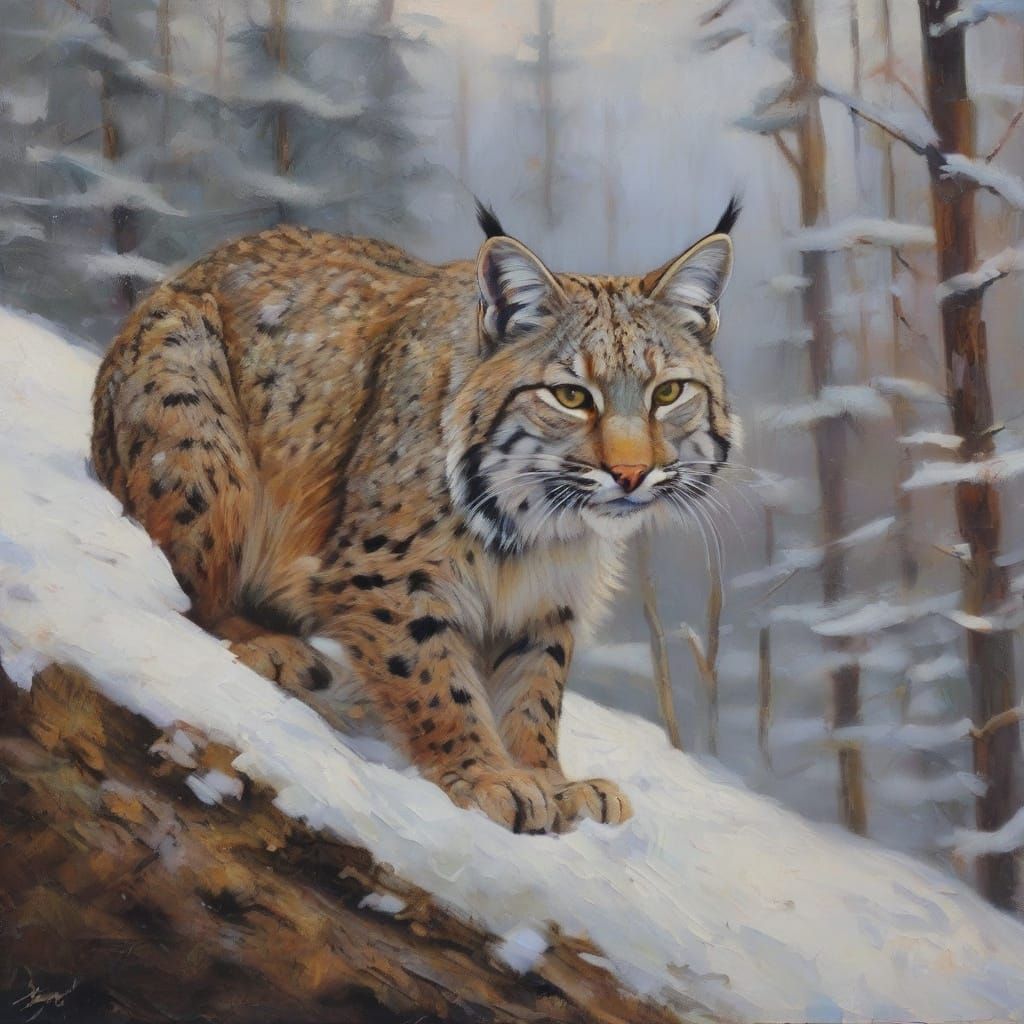 Bobcat Portrait in Snowy Forest Landscape