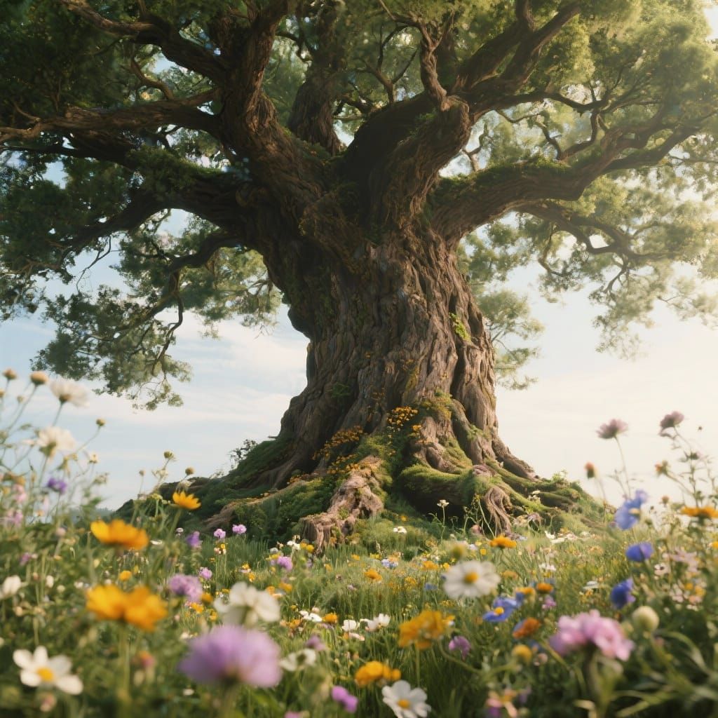 Ancient Tree of Life with Wildflowers