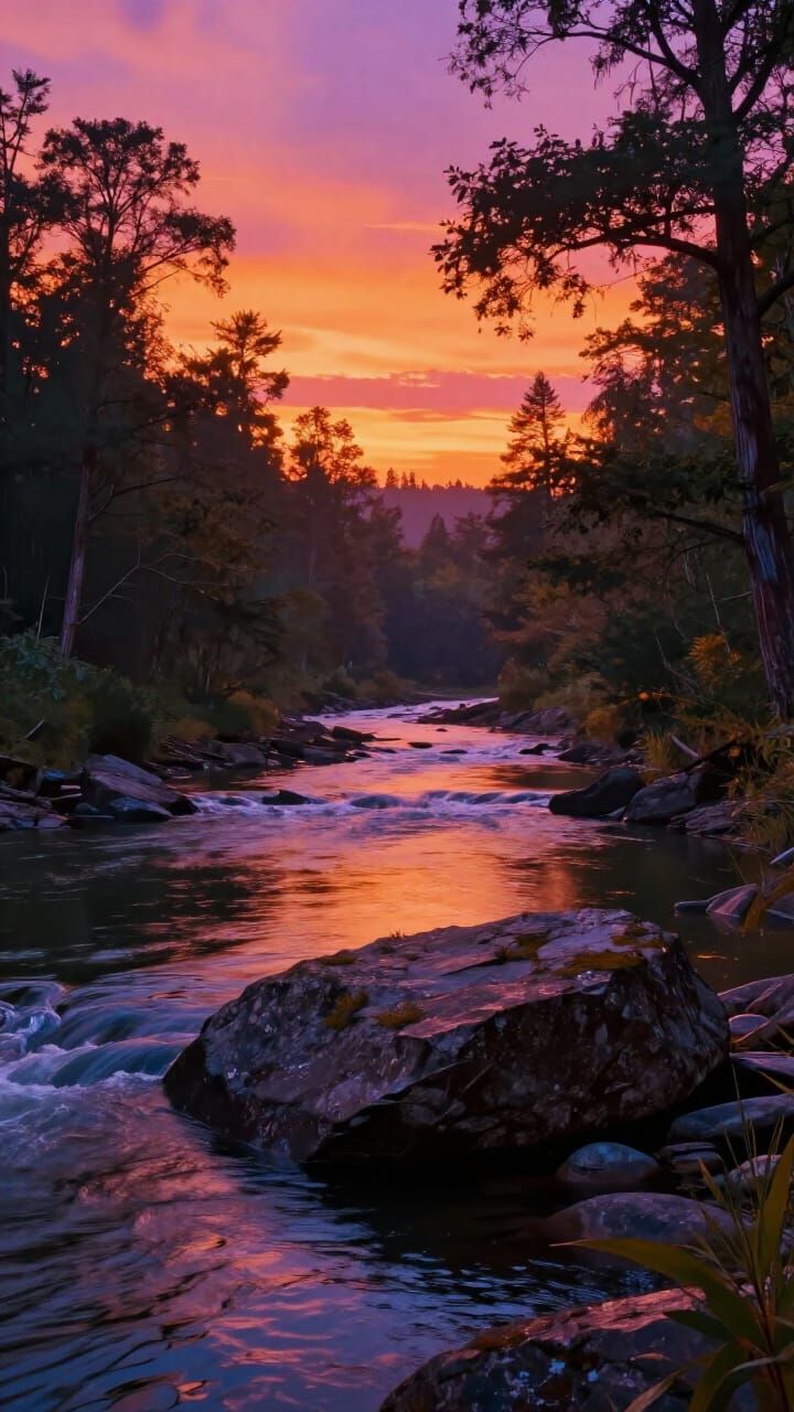 Cyberpunk River at Sunset with Neon Glow