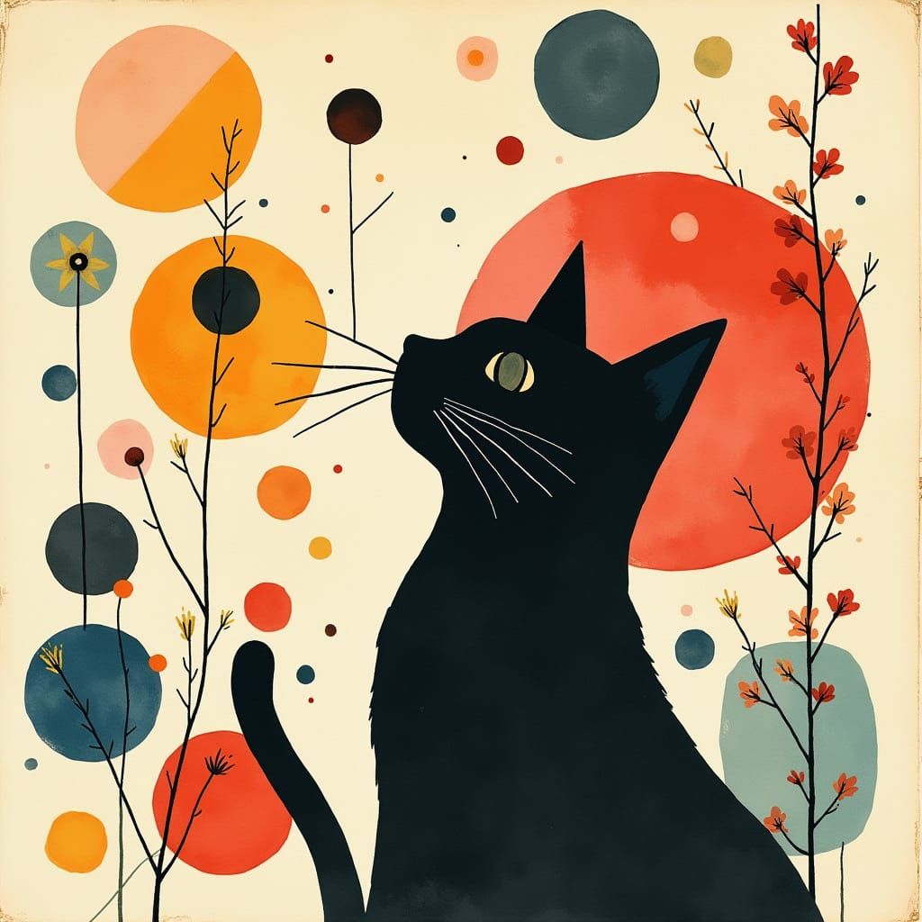 Vibrant Vintage Whimsy: Abstract Cat Composition