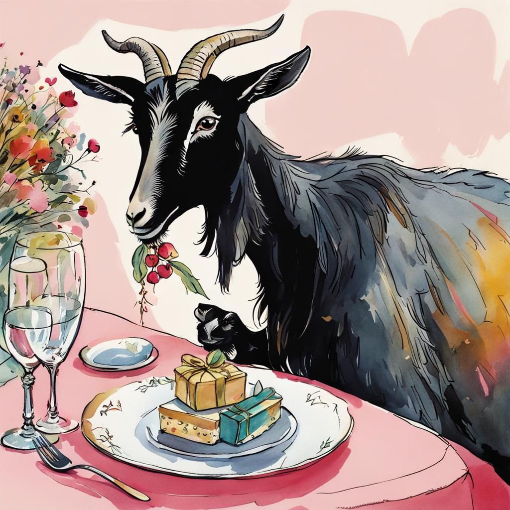 Whimsical Goat Devours Wedding Treasures in Digital Art
