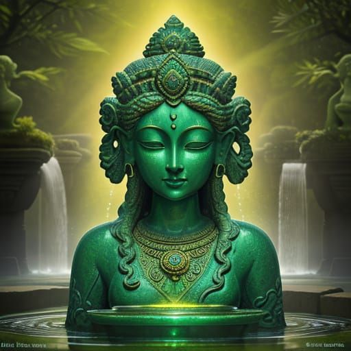 (((bright red lotuses, sea of flowers))), stone statue of gr...