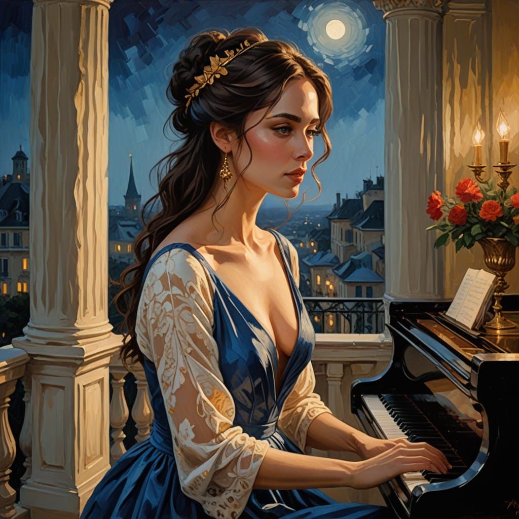 Romanticized Goddess Plays Piano Under Golden Moonlight