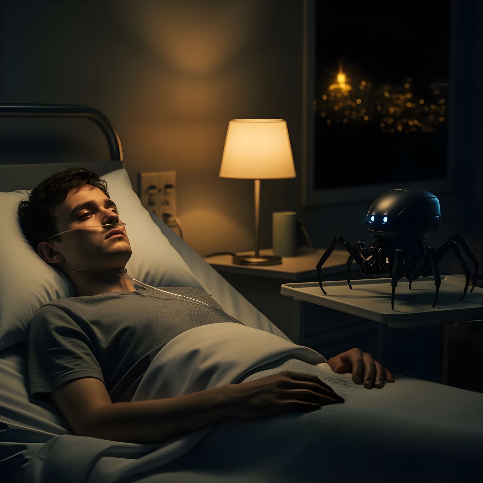 Hospital Bedroom Scene with Robotic Companion in Cinematic S...
