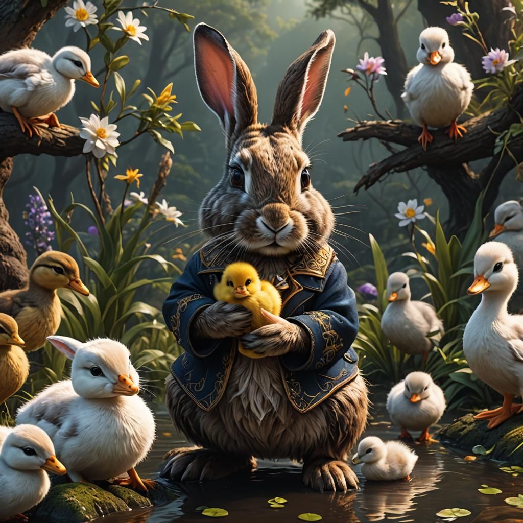 Fantasy Bunny and Baby Duck Scene in Detailed Matte Painting